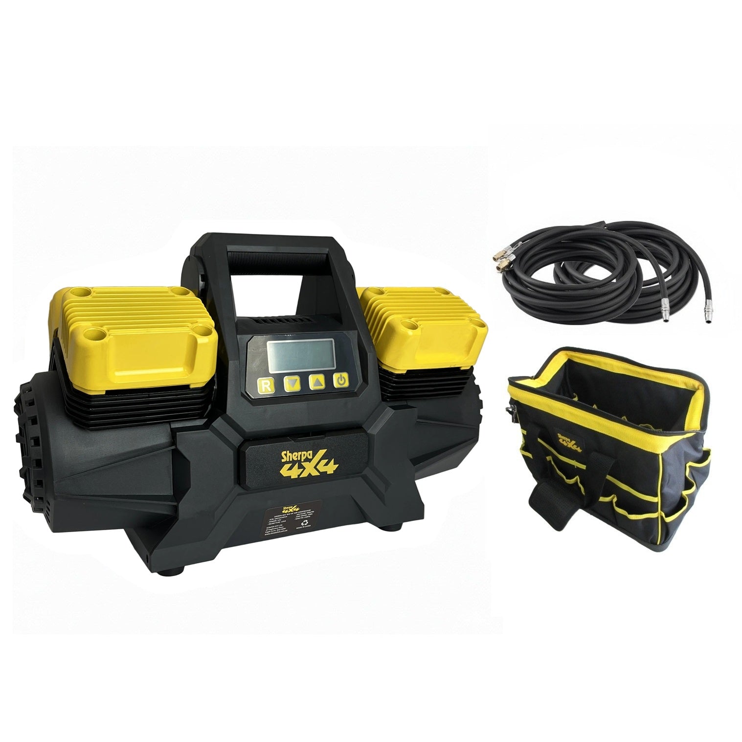 The Sherpa 4x4 'BIG V4' Air Compressor (400 L/min) with Pre-set Pressure Control System is a portable, heavy-duty unit ideal for off-road tyre inflation, featuring digital display and tool bag for convenient use anywhere.
