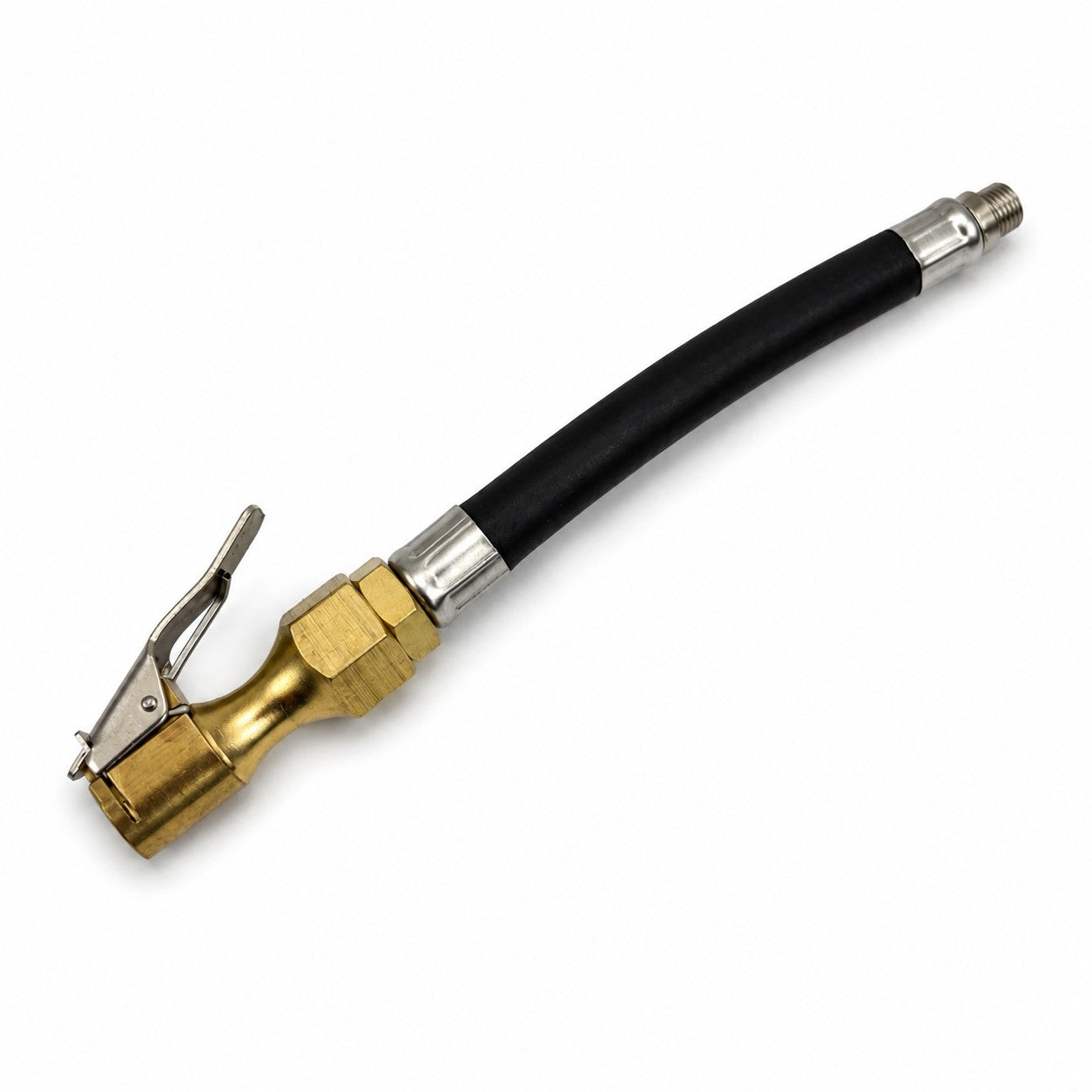 A brass air chuck featuring a lever, connected to a short black rubber hose with metal fittings at both ends, is displayed on a white background—an essential part of the Sherpa 4x4 ‘BIG V4’ Quad-Air Upgrade Kit – 4-Tyre Inflation System from Sherpa 4x4.
