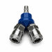 A blue and silver metal Y-shaped pneumatic fitting with two couplers and one input, used for efficiently splitting air supply lines in the Sherpa 4x4 ‘BIG V4’ Quad-Air Upgrade Kit – 4-Tyre Inflation System by Sherpa 4x4.