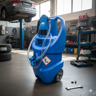 A Paddock Portable Adblue Tank by Paddock, featuring wheels and a handle, stands in an auto repair shop surrounded by tools, tires, and equipment, with cars visible in the background.