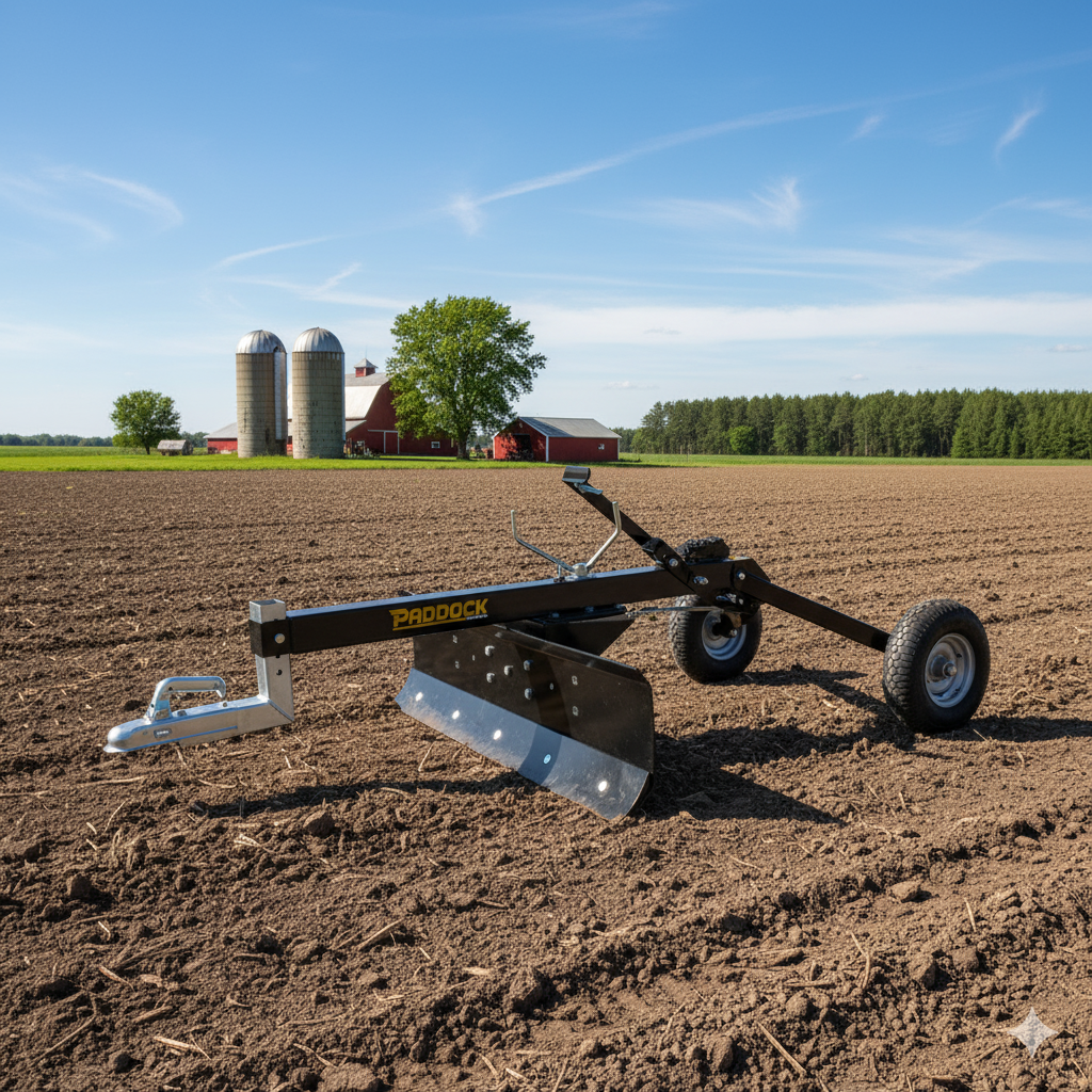 The Paddock ATV & Quad Bike Blade by Paddock, featuring wheels and a blade, sits on freshly tilled soil in a field. Behind it are two silos, a red barn, green trees, and a blue sky with clouds in a rural landscape.