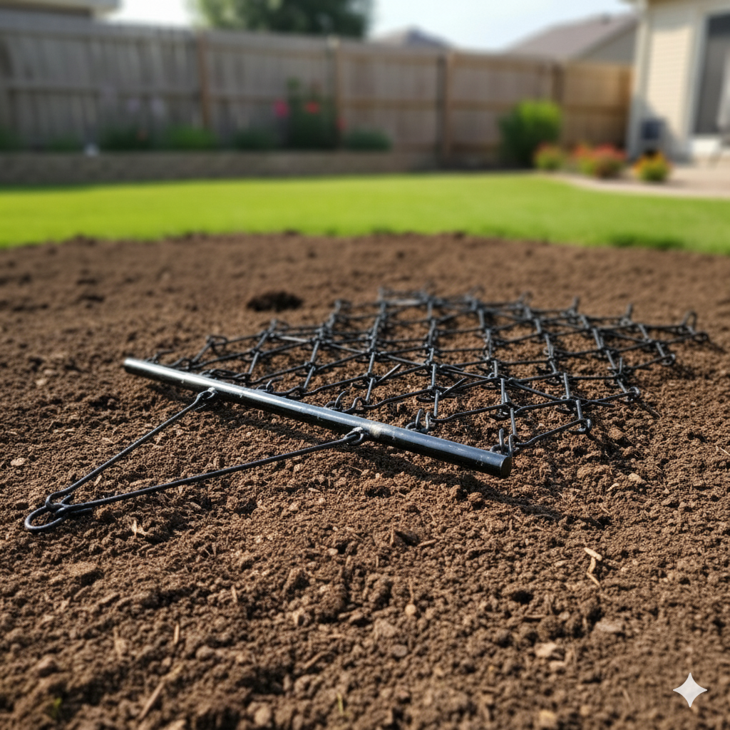 A Paddock Drag Harrow by Paddock is placed on green grass in a backyard, with garden beds, a wooden fence, and a house visible in the sunny background.