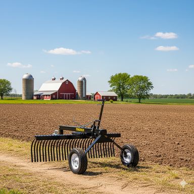 The Paddock Tow Behind Rake by Paddock rests on a dirt path near a plowed field, with a red barn, silos, and green trees in the background under a sunny blue sky.