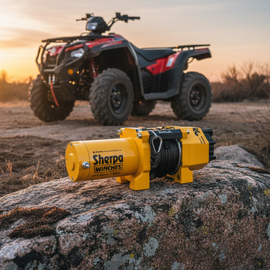 A Sherpa 4x4 ATV - 4,500Lb Rope Winch sits on a large rock outdoors, while a red and black ATV is parked in the background at sunset.