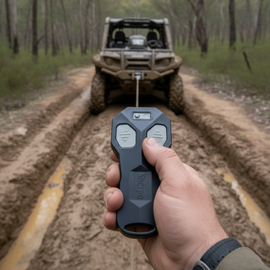 A person uses the Scintex Sherpa 4x4 ATV Winch Wireless Kit remote to operate a winch, pulling a muddy off-road vehicle out of deep forest trail ruts.