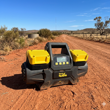 The Sherpa 4x4 'BIG V4' Air Compressor (400 L/min) & Digital Tyre Deflator Bundle is shown on a red dirt road in a rural landscape—perfect for off-road tyre inflation amid dry grass and hills under a blue sky.