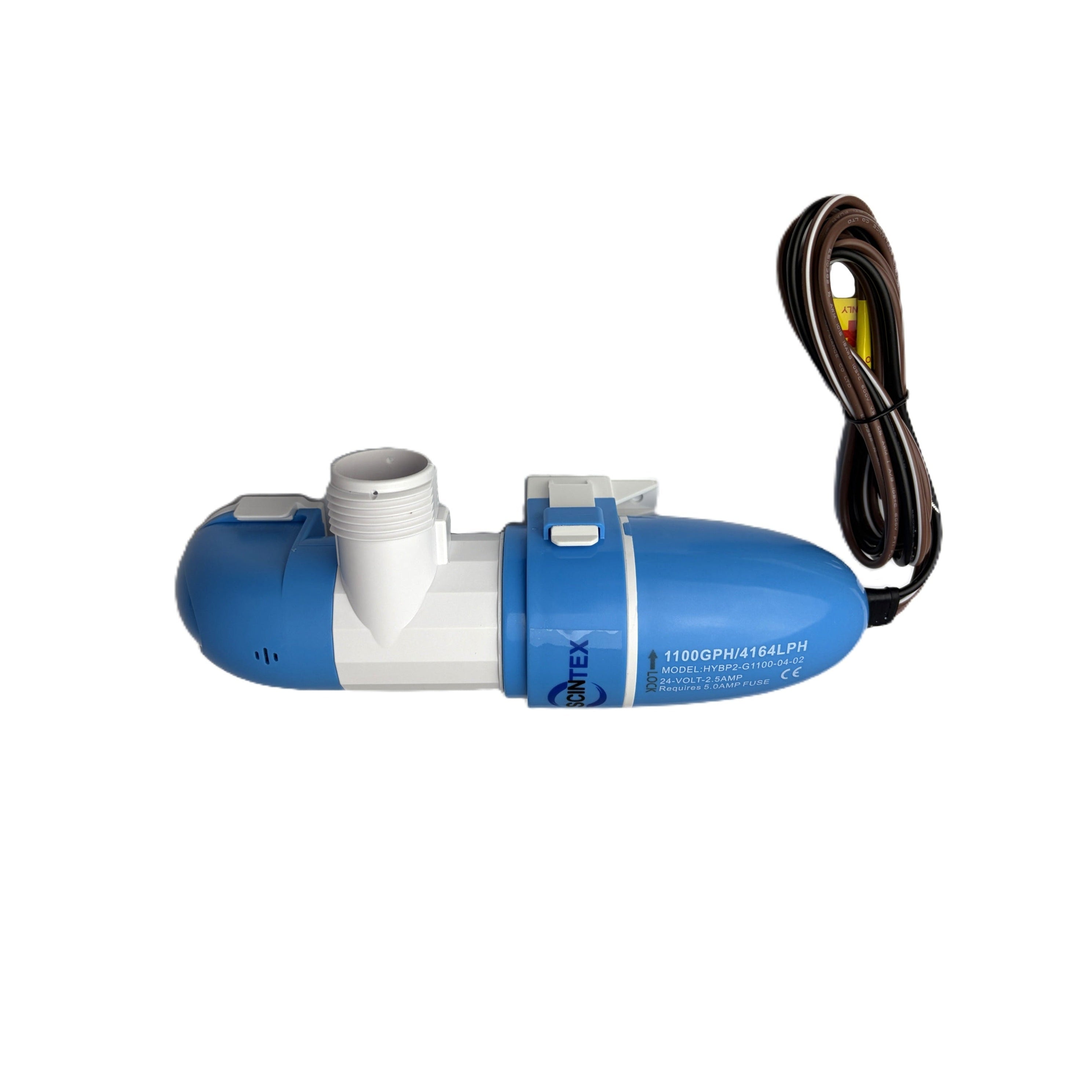 A Scintex Horizontal Bilge Pump 70 LPM Automatic Level Sensing, featuring blue and white housing, a brown power cord, and visible pipe connection, isolated on a white background.