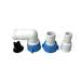A set of white plastic hose fittings with blue threaded collars and a black cap, including an elbow and two straight connectors, for use with the Scintex Horizontal Bilge Pump 70 LPM Automatic Level Sensing, shown on a white background.