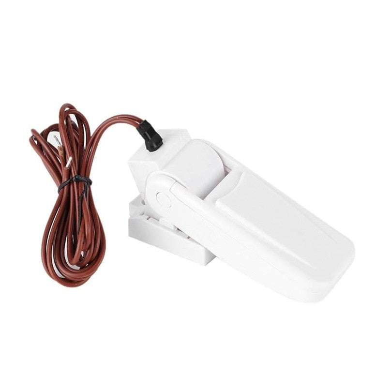 The Scintex Float Switch for Bilge Pumps is a white plastic switch with a long brown cord, featuring a design similar to those used for sewing machines or electronic devices.