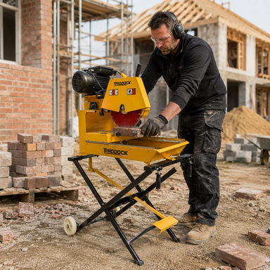 A man wearing protective gear operates a Paddock Brick Table Saw, equipped with a powerful Honda engine, to cut bricks at a construction site surrounded by unfinished buildings and stacks of bricks in the background.