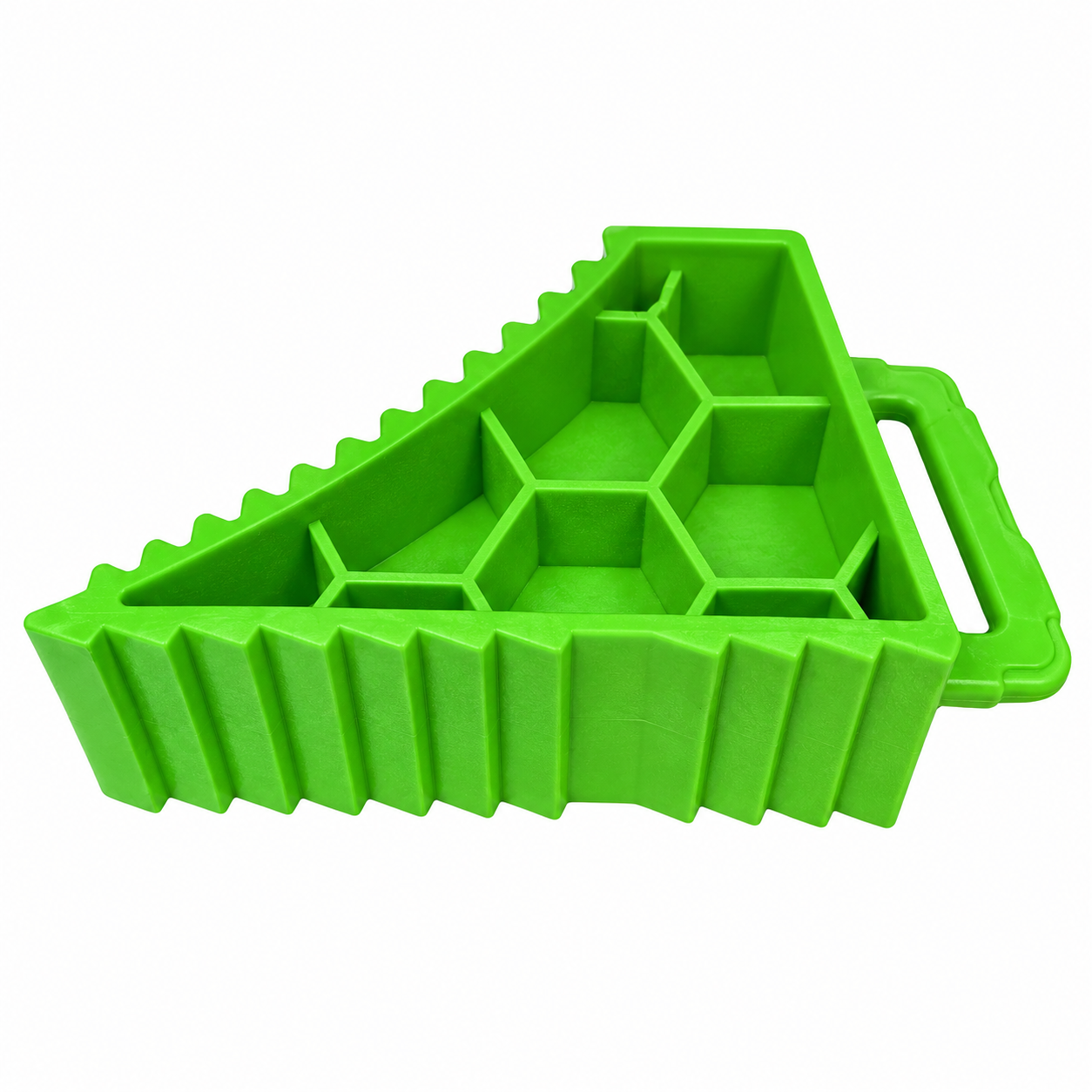 Bright green Sherpa 4x4 Wheel Chock with a honeycomb-patterned interior and a convenient carrying handle.