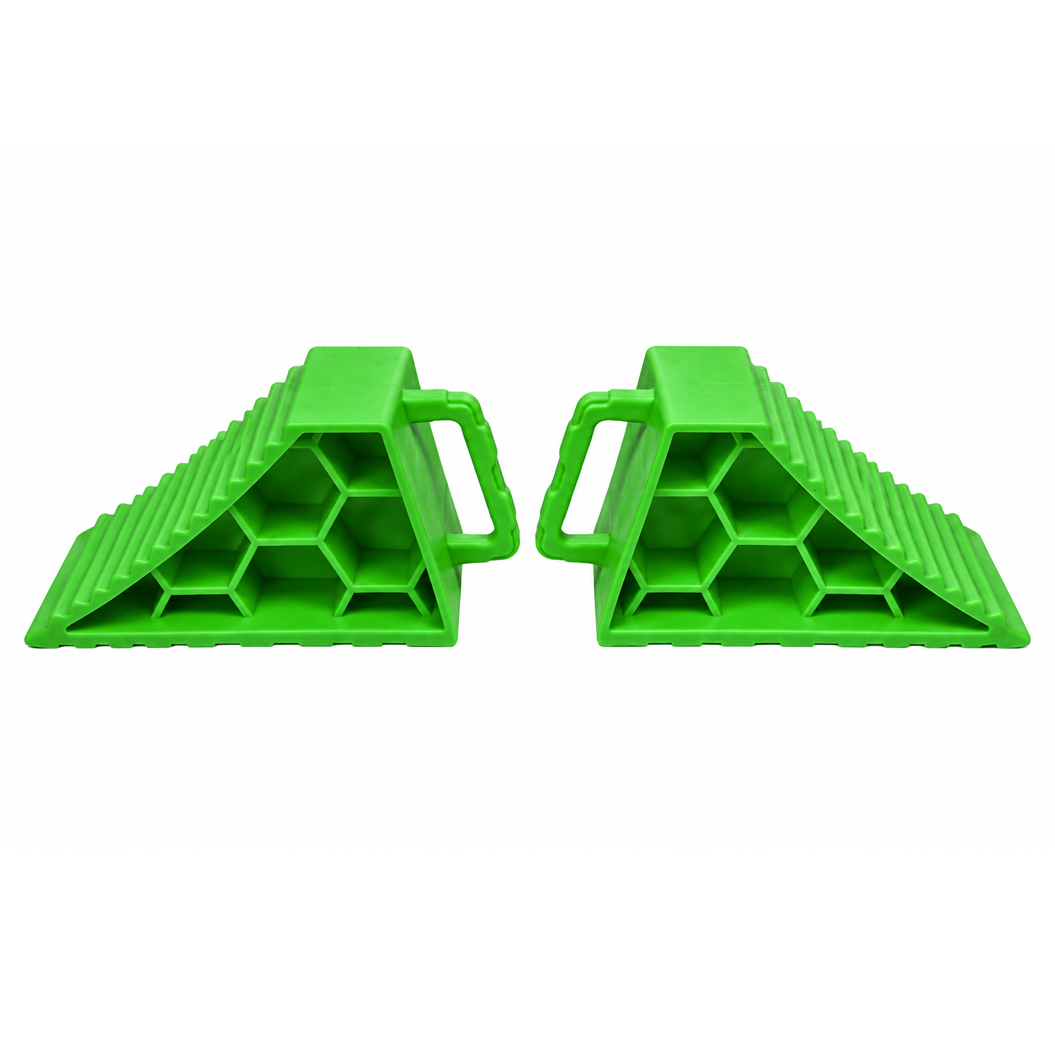 Two bright green Sherpa 4x4 Wheel Chock Set heavy-duty wheel chocks with ribbed tops and integrated handles.