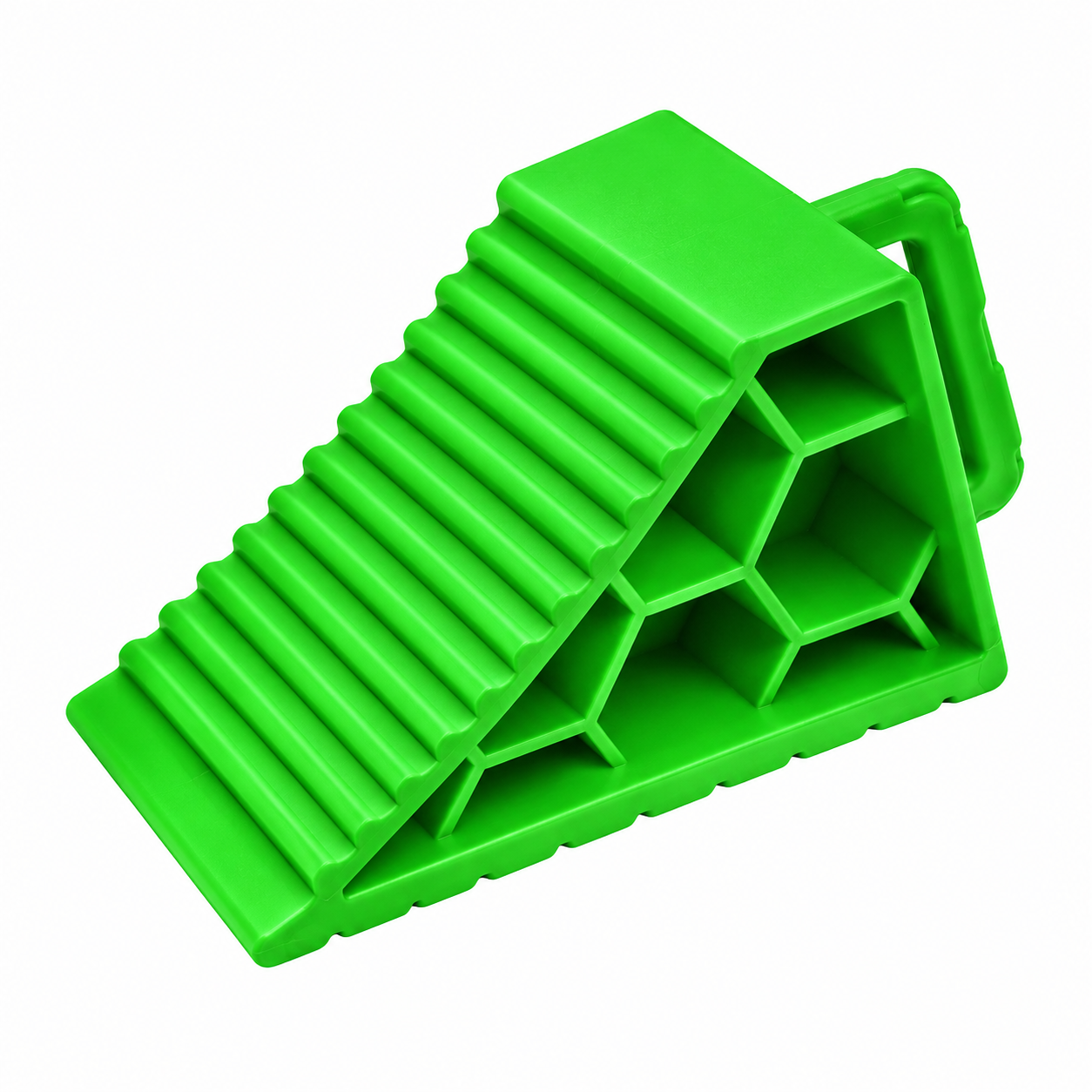Bright green triangular Sherpa 4x4 Wheel Chock with a ribbed top surface and a hollow honeycomb-patterned side, designed for heavy-duty trailer safety.