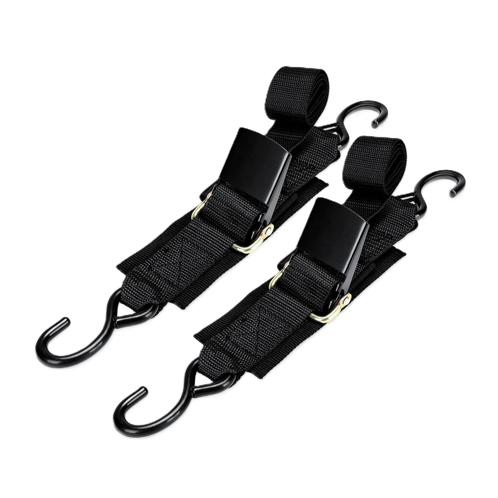 Two black Trolltek™ Boat Trailer Transom Tie Down Straps with metal buckles and S-hooks at each end.