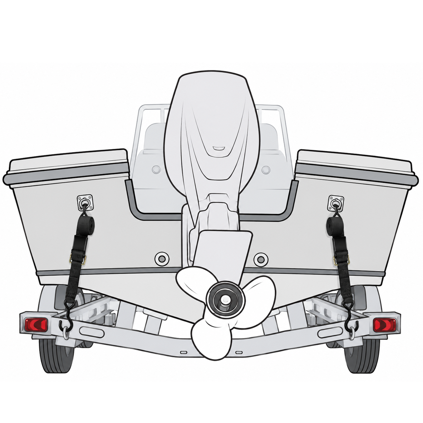 A boat secured to a trailer by two black Trolltek™ Boat Trailer Transom Tie Down straps attached to the stern eyes.
