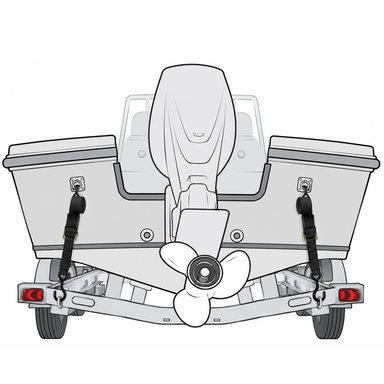 A boat secured to a trailer by two black Trolltek™ Boat Trailer Transom Tie Down straps attached to the stern eyes.