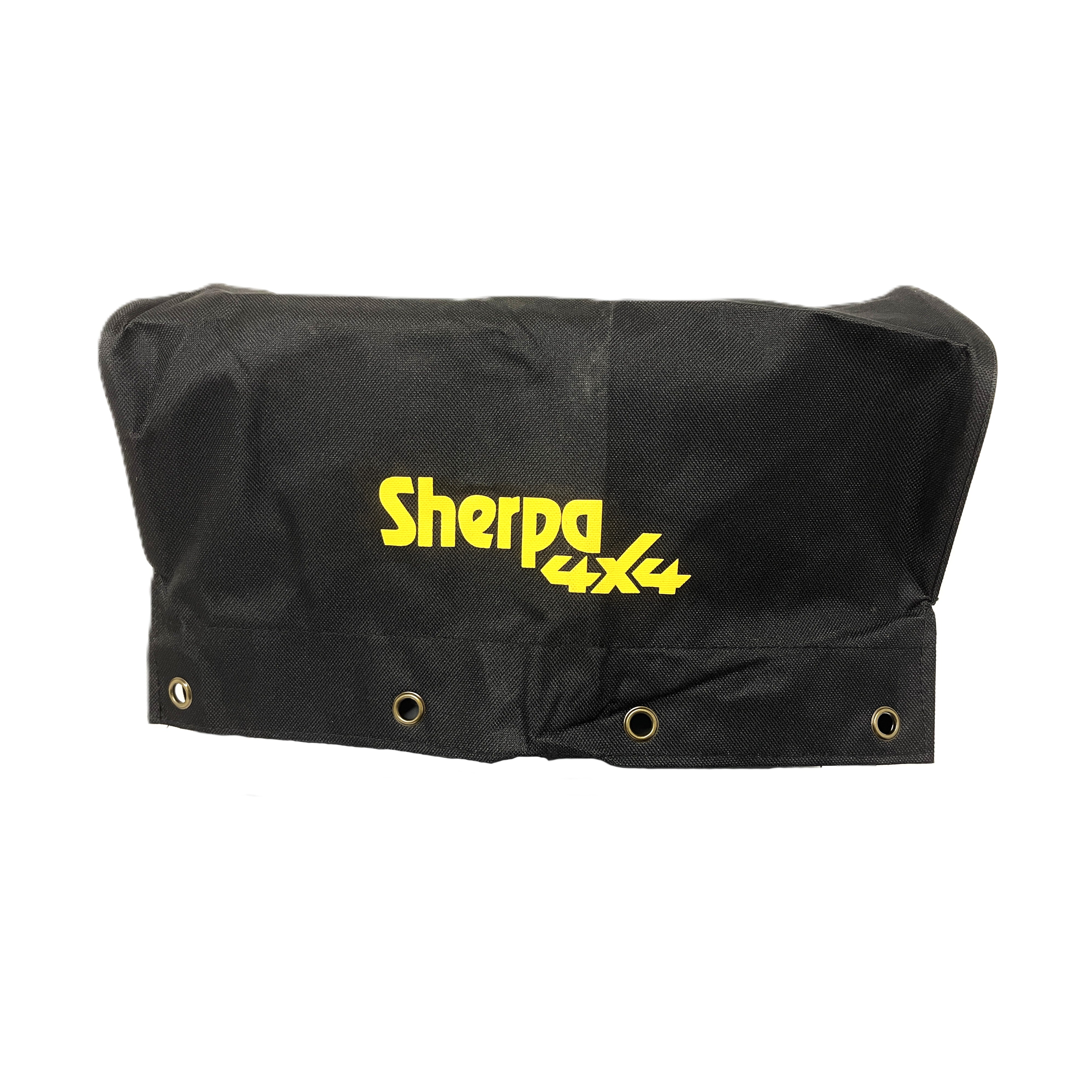 The Sherpa 4x4 Grunter Winch Cover is a black replacement cover with metal grommets and bold yellow Sherpa 4x4 branding, designed for the Grunter winch.