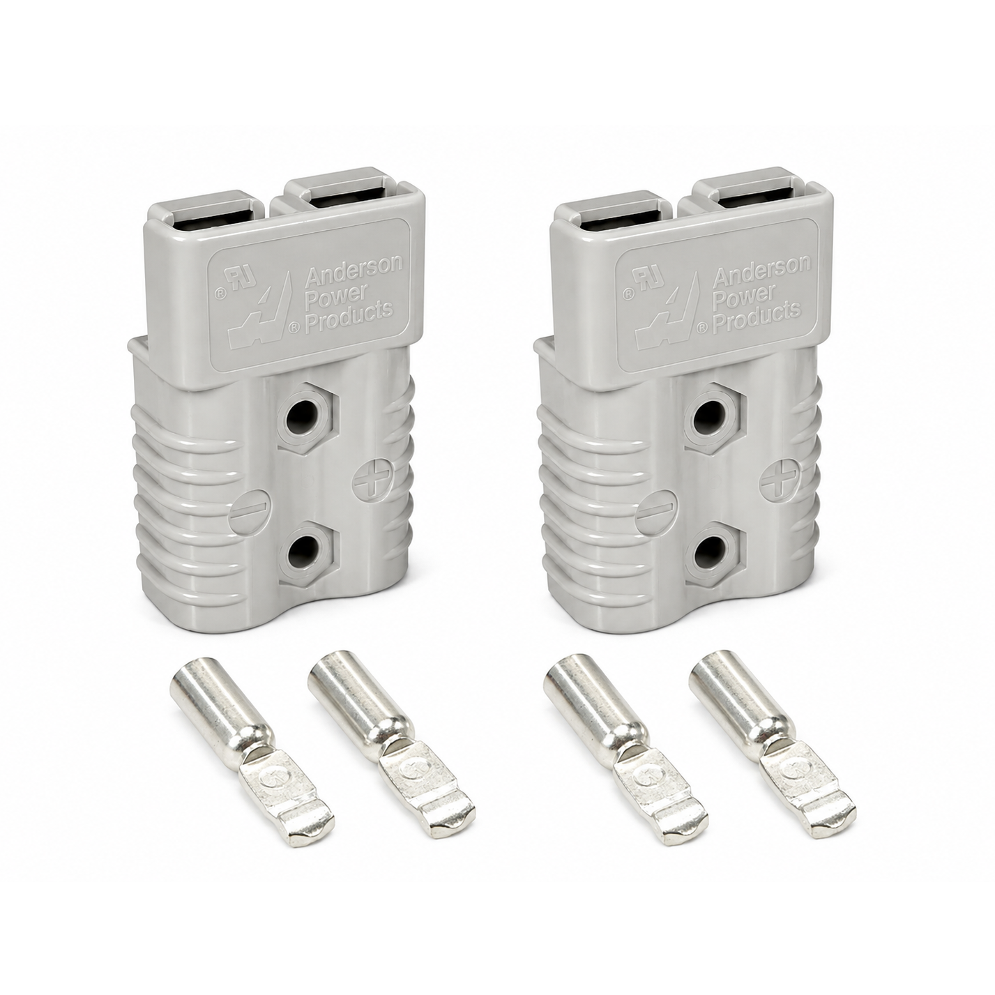 Pair of Sherpa 4x4 Anderson Plug 175A connectors in gray, each with ribbed sides, displayed upright alongside two included terminals on a white background—perfect for high-current battery connections or as replacement Sherpa 4x4 Anderson Plugs.