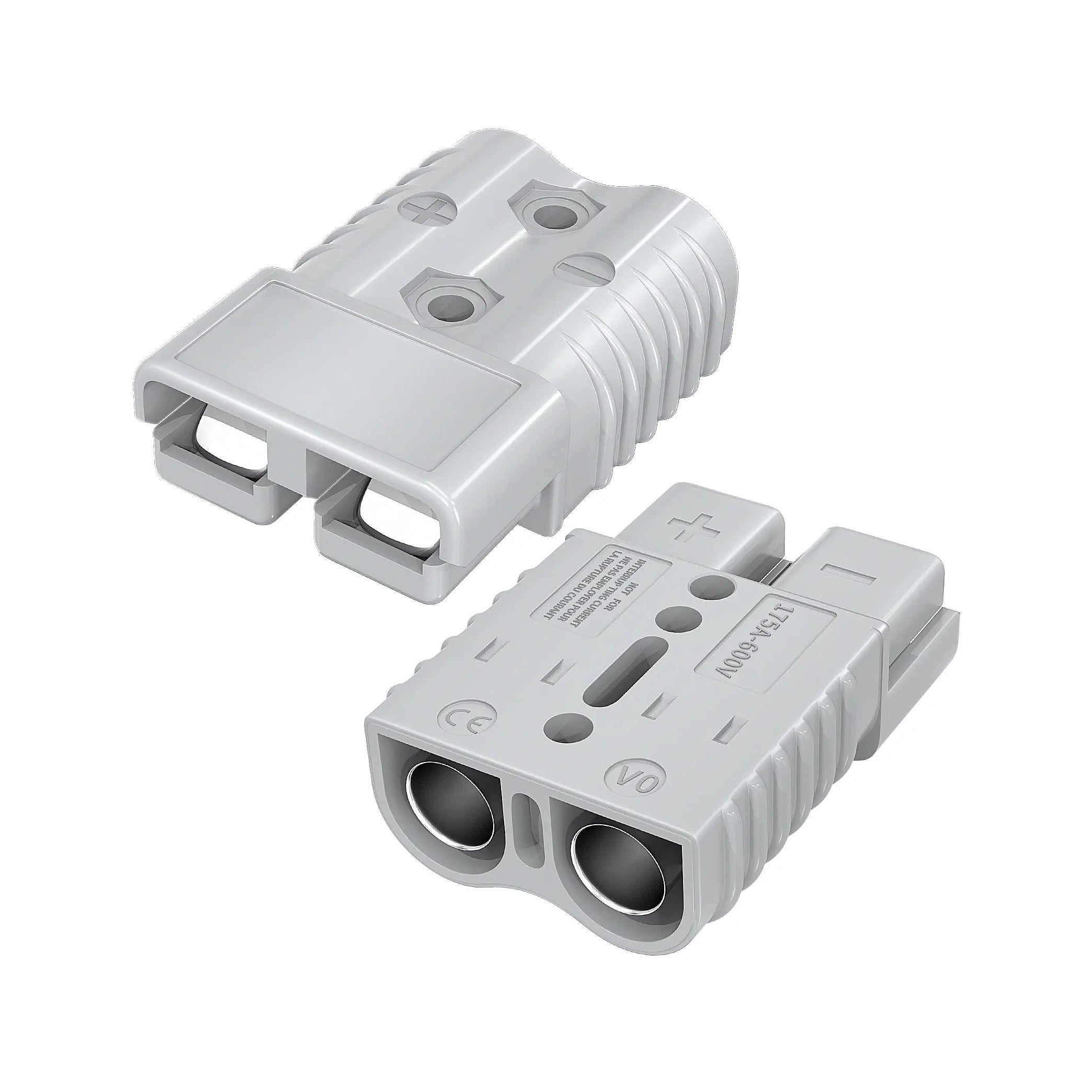 A pair of Sherpa 4x4 Anderson Plug 175A connectors, each in gray with grooved sides and metal terminals marked with plus and minus signs, are shown side by side on a white background—ideal for high-current battery connections or use as a dependable terminal solution.