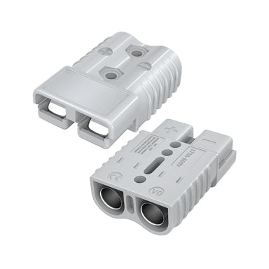 A pair of Sherpa 4x4 Anderson Plug 175A connectors, each in gray with grooved sides and metal terminals marked with plus and minus signs, are shown side by side on a white background—ideal for high-current battery connections or use as a dependable terminal solution.