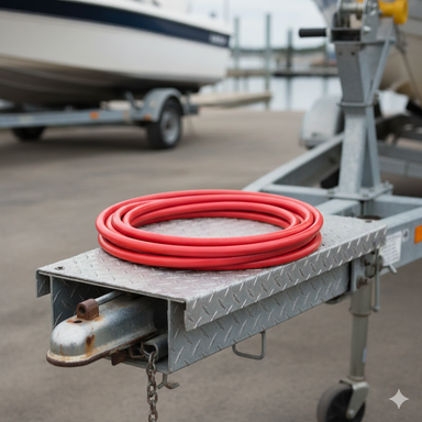 A coiled red Sherpa 4x4 Boat Winch Power Cable (7m or 10m) rests on a metal diamond-plate platform attached to a boat trailer, with boats and a harbor blurred in the background.