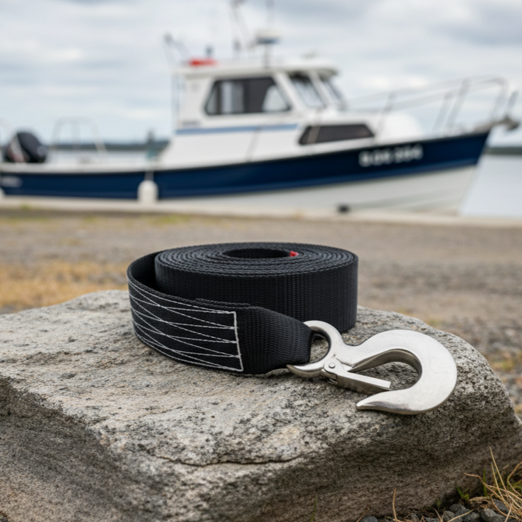 A Scintex Sherpa 4x4 Grunter 50mm webbing strap with a metal hook rests on a rock, with a blurred blue and white boat on the shore and water in the background.
