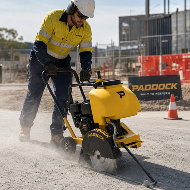 A construction worker wearing safety gear operates a yellow Paddock Honda Petrol Concrete Saw, powered by a dependable Honda engine, cutting into a dusty gravel surface at an active construction site.