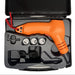 The Scintex Cauterising Debudder Dehorner is an orange cordless tool with three interchangeable bits, a charger, and an accessory, all organized in a black molded carrying case.