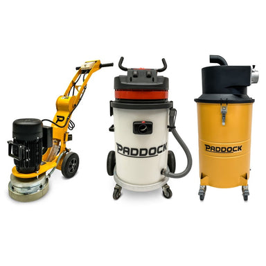 The Paddock Concrete Floor Grinders 250mm with Vacuum and Dust Separator Bundle includes a yellow grinder, white/gray industrial vacuum with hose, and a yellow dust separator on wheels, displayed against a white background.