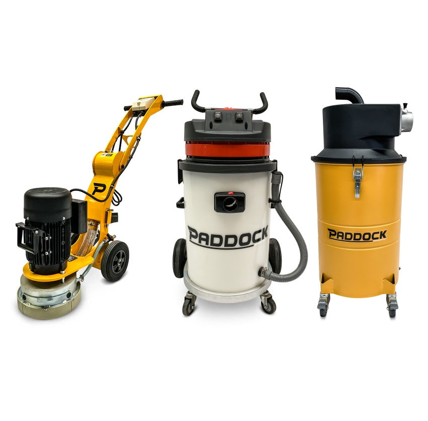 The Paddock Concrete Floor Grinders 250mm with Vacuum and Dust Separator Bundle includes a yellow grinder, white/gray industrial vacuum with hose, and a yellow dust separator on wheels, displayed against a white background.
