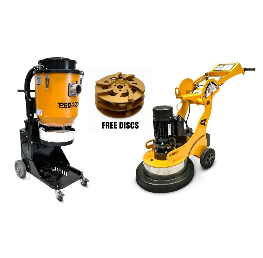 The Paddock Concrete Floor Grinder, Industrial Vacuum Cleaner Dust Extractor, and 3x FREE Discs Bundle by Paddock are displayed against a white background.