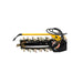 The 'Paddock' Multi Fit/Universal Skid Steer Trencher - CII by Scintex is a yellow and black attachment designed for skid steers, equipped with a durable metal chain and sharp digging blades. It showcases Paddock Machinery's sturdy design and includes hydraulic connections at the top. The machine is presented against a white background.