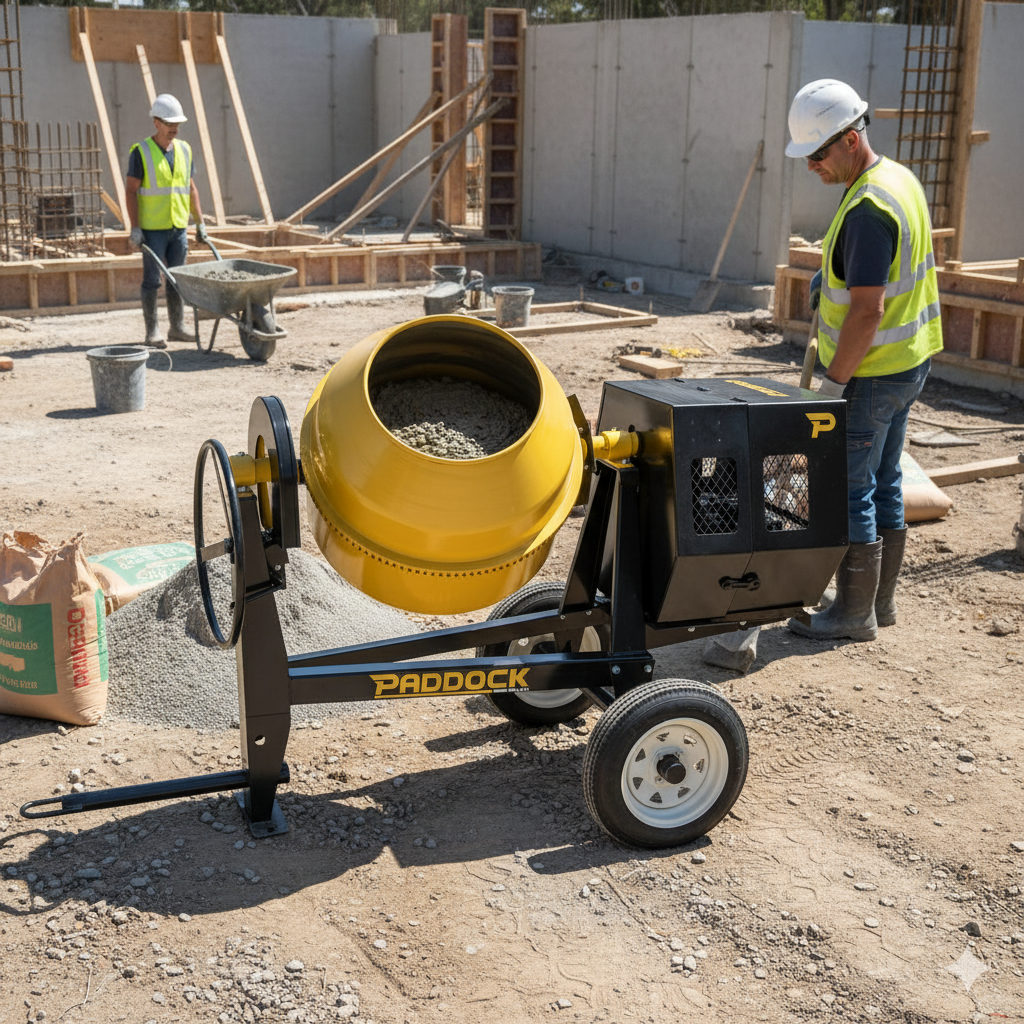 A yellow Paddock Cement Concrete Mixer 350L by Paddock, filled with gravel, is in use on site. Two workers in safety vests and hard hats are nearby; one uses a wheelbarrow while the other looks down at the ground.