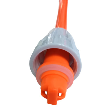 Close-up of Scintex Replacement Cattle Prod Tips, featuring an orange component partially inserted into a gray coupling with a threaded connection. The setup is on a plain white background, resembling parts used in lithium-ion battery systems or plumbing and irrigation setups.