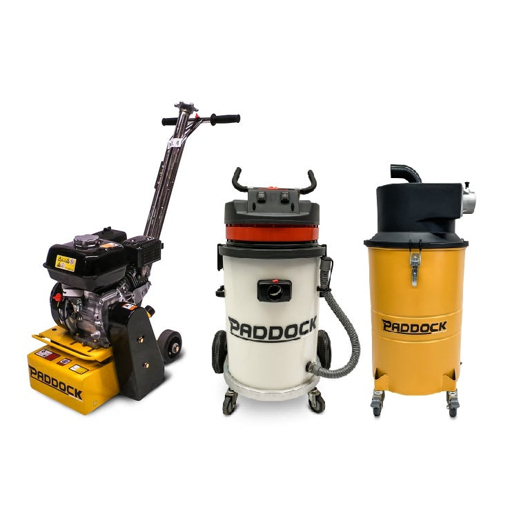 The Paddock Concrete Scarifier, Vacuum and Dust Separator Bundle by Paddock is shown: the scarifier on the left, vacuum in the center, and dust separator on the right, all set against a white background.