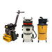 The Paddock Concrete Scarifier, Vacuum and Dust Separator Bundle by Paddock is shown: the scarifier on the left, vacuum in the center, and dust separator on the right, all set against a white background.