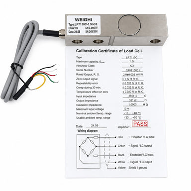 A Scintex Load Cell with attached wires rests on a calibration certificate displaying inspection results, a wiring diagram, and a red PASS stamp—emphasizing its compatibility with Scintex scales and reliability as quality spare parts.