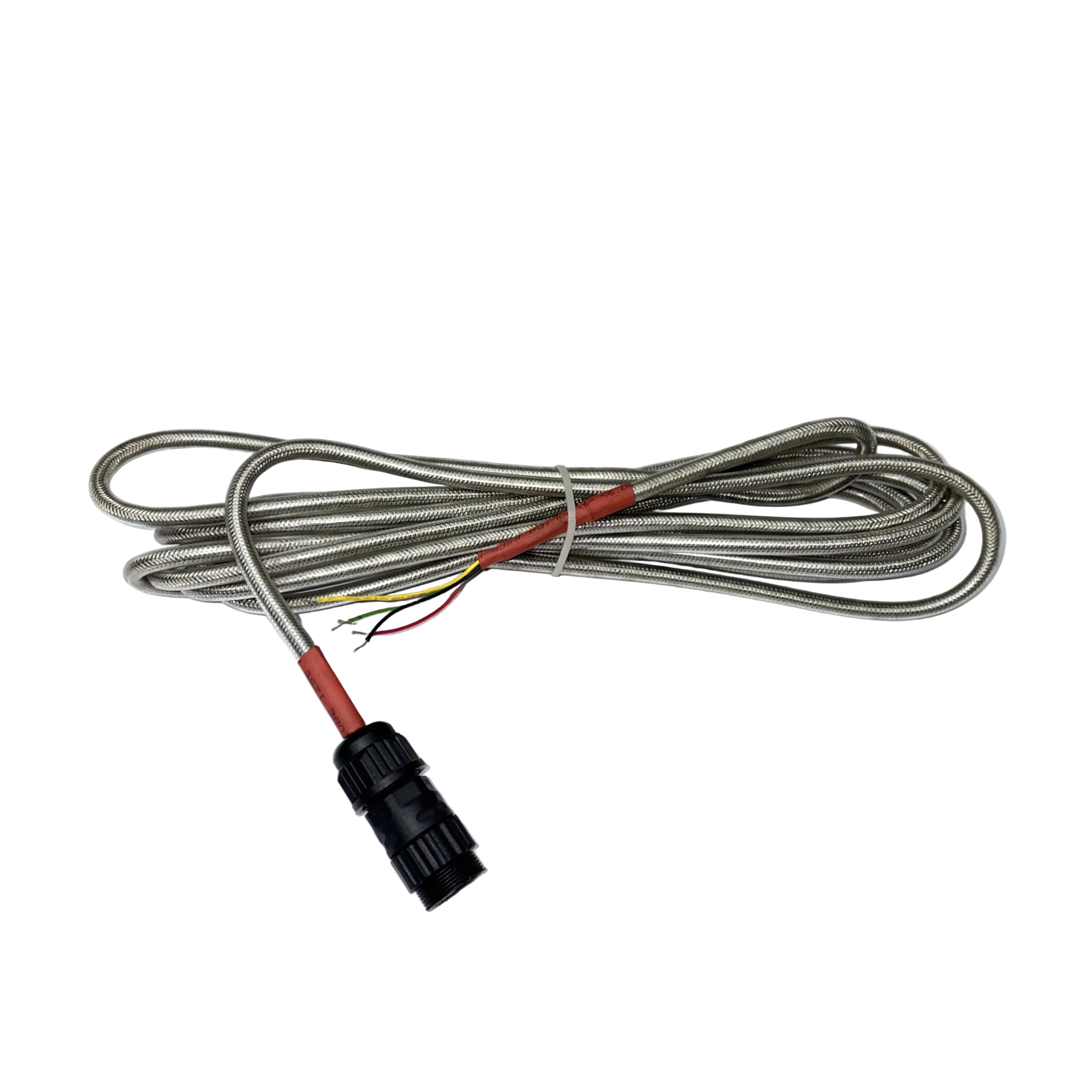 Scintex Cattle Scale Leads are coiled, metal-braided cables with exposed colored wires and a black connector at one end, ideal as replacement leads for weighing scales. Shown here on a white surface.