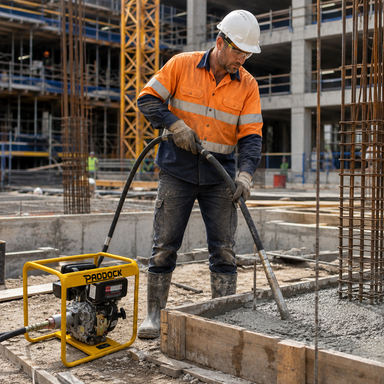 A construction worker in safety gear operates the Paddock Concrete Vibrator Poker on a building site, surrounded by steel rebar and unfinished structures, with a yellow Paddock generator supplying power to the equipment.