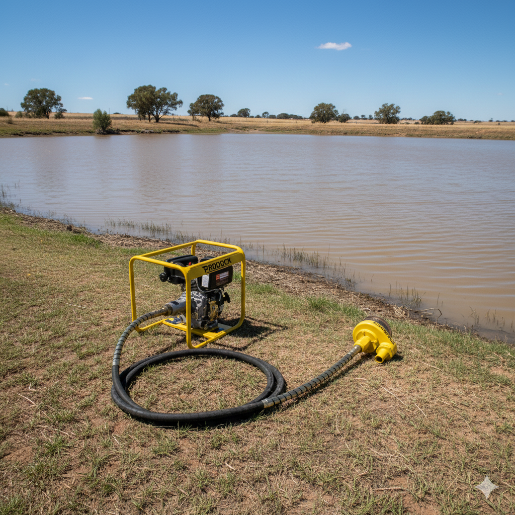 The Paddock Flex Drive Submersible Trash Pump by Paddock, featuring a yellow frame and attached hose, rests on grass beside a farm pond, with open fields and trees visible in the background beneath a clear blue sky.