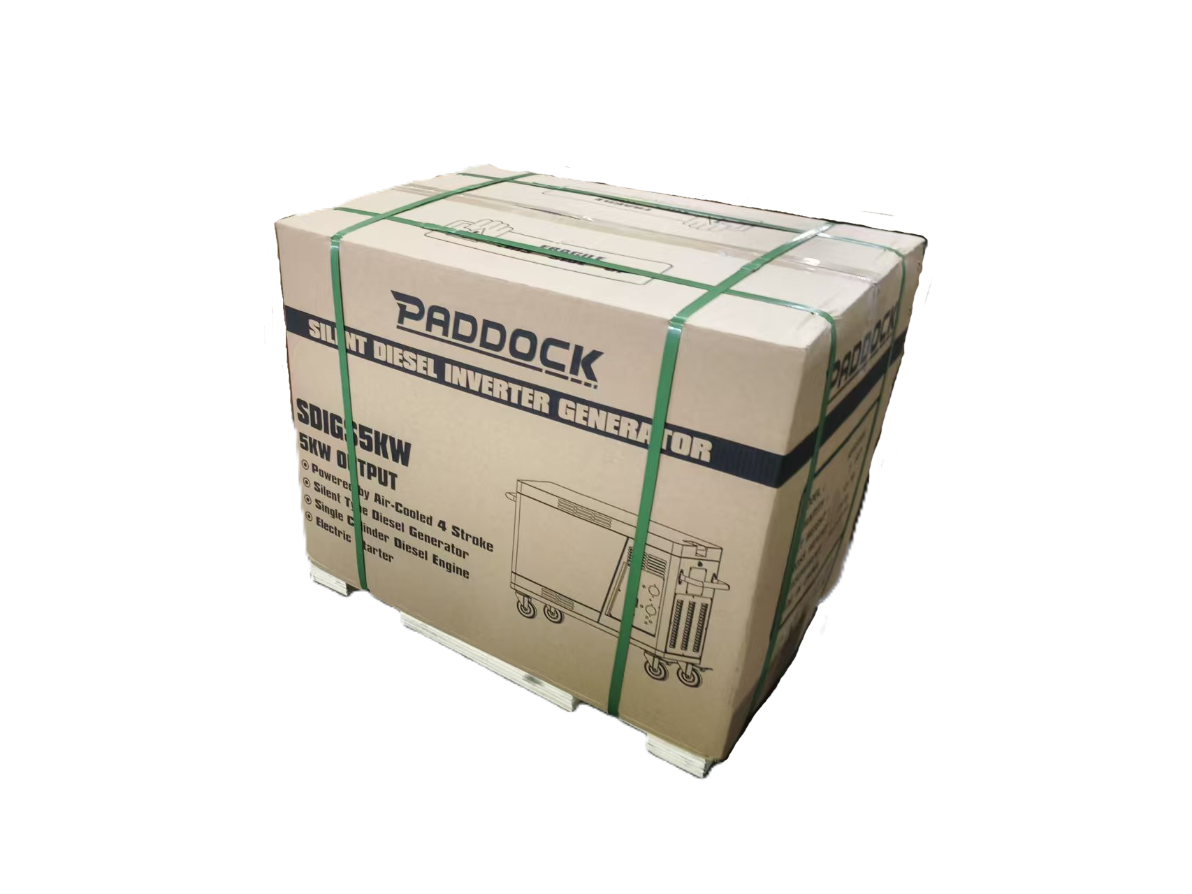 A large cardboard box labeled Paddock Diesel Inverter 5kW Generator by Paddock is secured with green plastic straps and rests on a white pallet, perfect as an emergency backup power source or reliable 5kW generator.