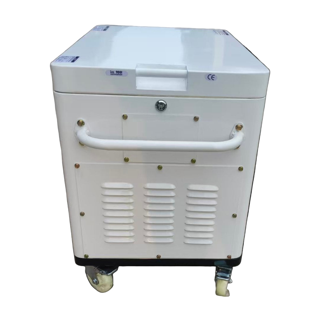 The Paddock Diesel Inverter 5kW Generator by Paddock is a white, box-shaped unit with ventilation grilles, handle, lockable lid, and four caster wheels—perfect as a portable generator for medical or laboratory use.