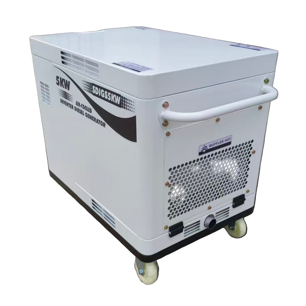 The Paddock Diesel Inverter 5kW Generator by Paddock features ventilation holes, a handle, and wheels for easy transport. Ideal for emergency backup use, it includes labeled power specs and a muffler hot warning.