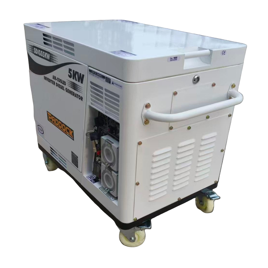 The Paddock Diesel Inverter 5kW Generator by Paddock is a white portable unit with wheels, side handle, control panels, and vents—ideal for emergency backup power supply.