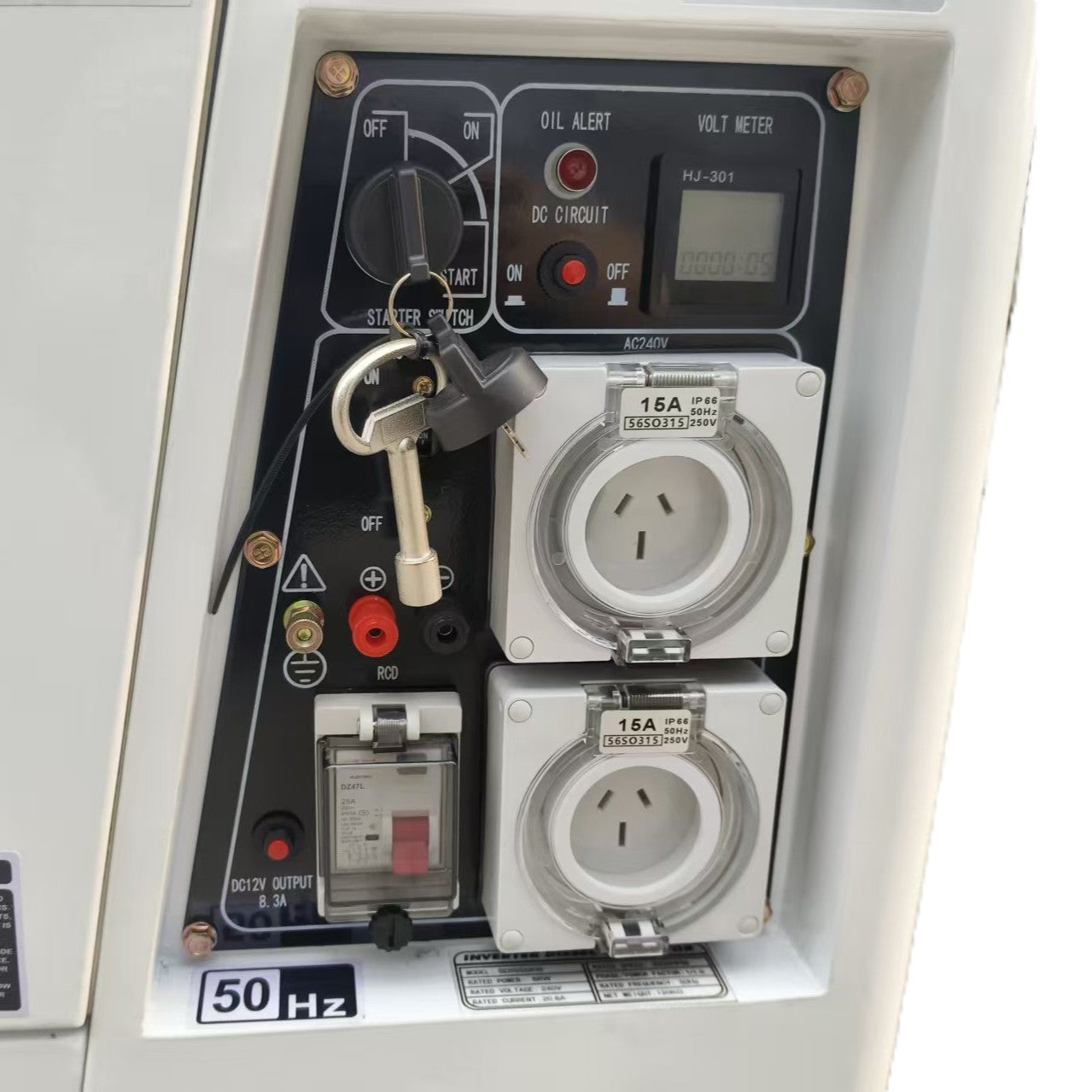 Close-up of the Paddock Diesel Inverter 5kW Generator control panel featuring switches, keys, two covered 15A outlets, volt meter display, indicator lights, and a 50 Hz label—perfect for emergency backup.