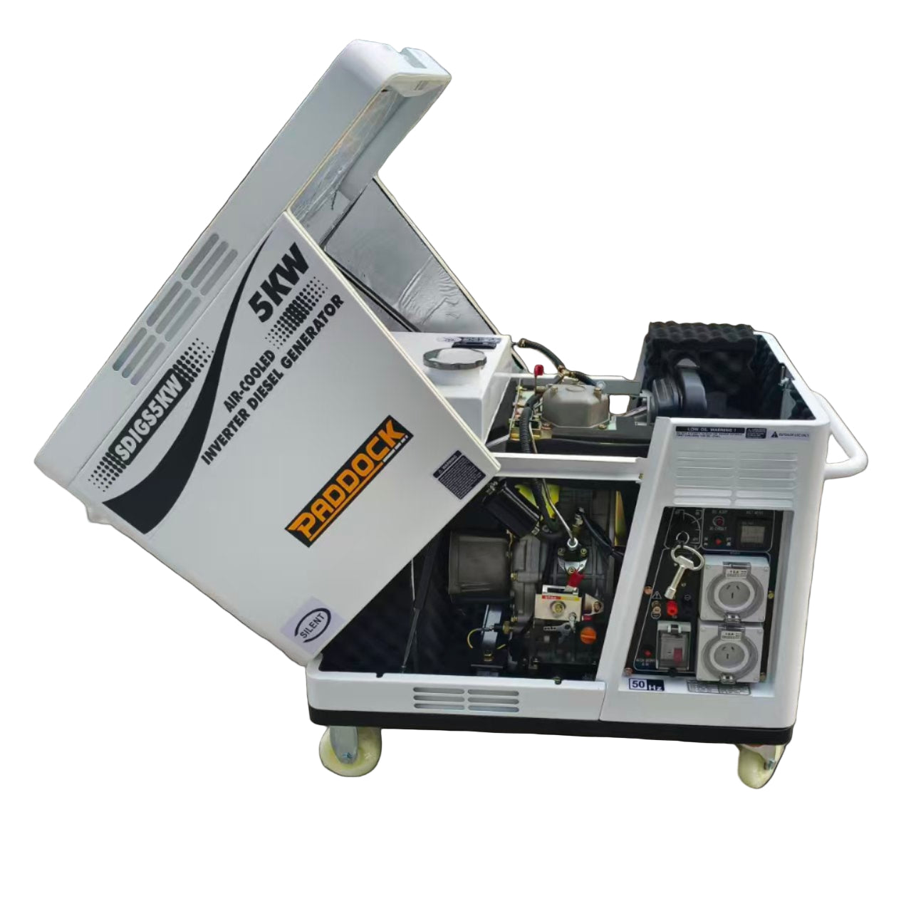The Paddock Diesel Inverter 5kW Generator, shown with its open top lid displaying internal components and wiring, is mounted on wheels. Branded Paddock, it's ideal for emergency backup power needs.