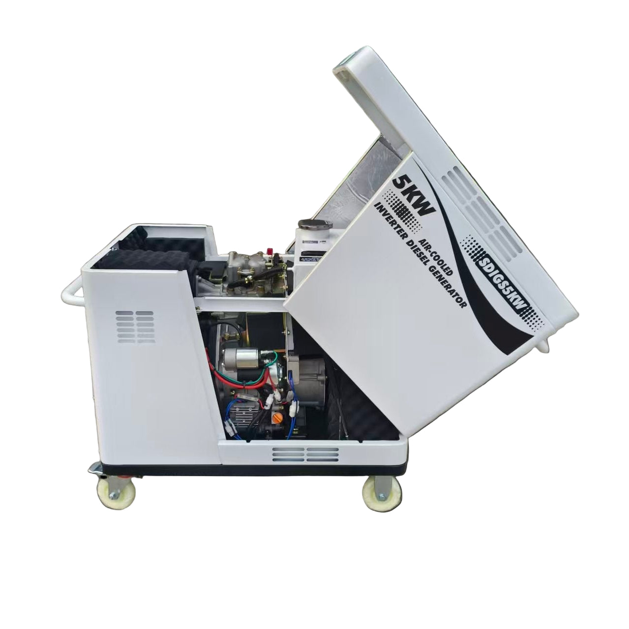 The Paddock Diesel Inverter 5kW Generator by Paddock is shown with its top lid open, exposing internal components. This emergency backup unit features four wheels for easy portability.