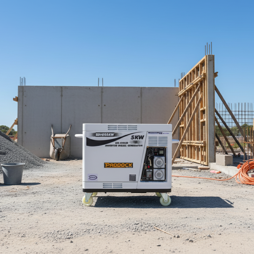 A Paddock Diesel Inverter 5kW Generator stands on a gravel construction site before a partially built concrete wall with exposed rebar and wooden frames, all under a clear blue sky.