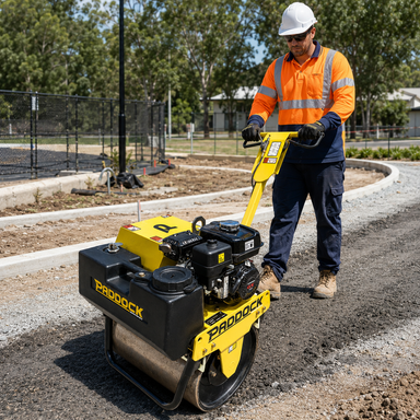 A construction worker wearing a hard hat and safety gear operates a Paddock Honda Single Drum Roller, featuring a dependable Honda engine, as they compact gravel along a curved path at an outdoor worksite. Trees and buildings appear in the background, emphasizing the crucial role of soil compaction for stable construction projects.