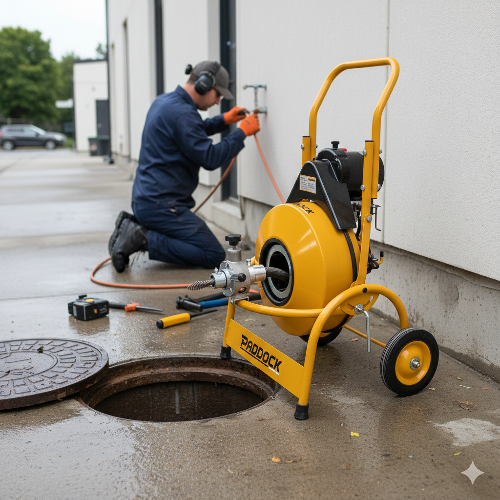 A worker in protective gear kneels by a building, using tools near an open manhole. A Paddock Drum Drain Cleaner by Paddock is positioned on the wet pavement beside him, ready for efficient pipe blockage removal.